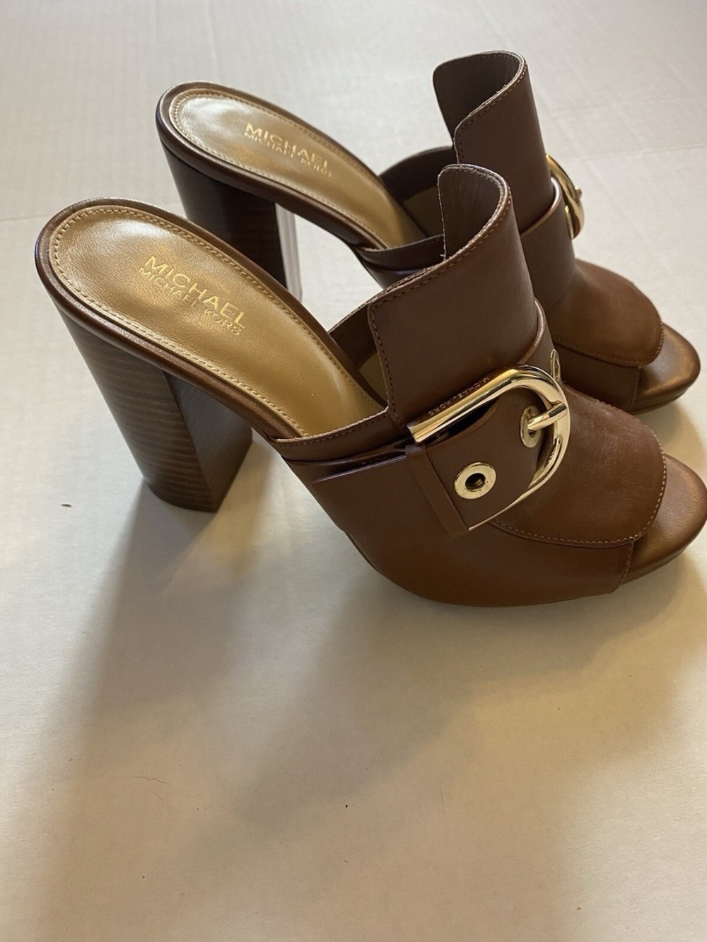 Michael Kors Brown Leather Buckle Block Heel Mules NIB